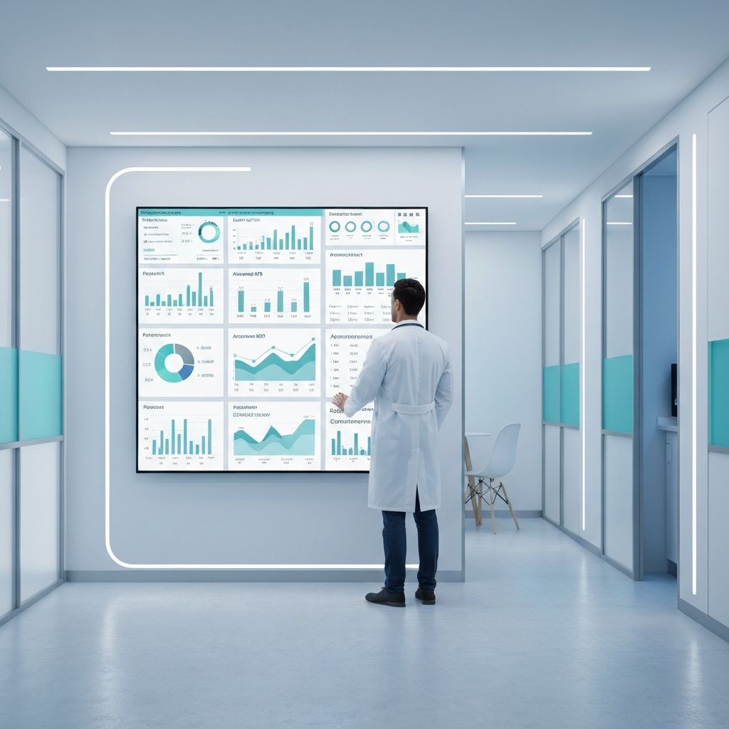 Clinica moderna: medico analisando dashboard de performance em tela digital